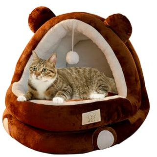 Galatée Süßes Katzenbett, Innenkatze Bett Mit Abnehmbarem Kissen, Haustier-Plüsch-Zelthaus, Cartoon-Ohr-Design, Haustierbett Mit Hängendem Plüschball, Super Weiches Haustiersofa Bett(L, Braun)