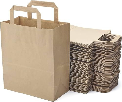 Sac Cabas Papier Kraft Recyclé | Fond Plat - Poignées Plates | Lot de 100 Sacs Haute Résistance | Apte Contact Alimentaire | Commernces - Vente à Emporter - Cadeaux (18 + 8 X 22 cm)