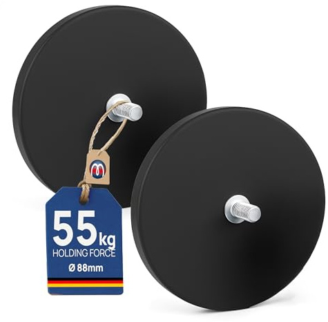 2 x Neodym Magnet-System gummiert Ø 88 mm Gewinde-Zapfen (Außen-Gewinde) M8 - Haftkraft 55 kg - 2 Stück - Starke Magnete mit Gummi-Mantel - Anti-Rutsch Beschichtung