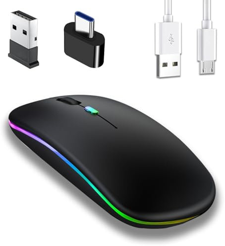 Jinpojun Wireless Mouse for Laptop, Bluetooth Mouse with USB A to USB C Adapter, Computer Mouse with BT 5.1 + 2.4G Wireless Two Modes, Ultra-Thin Rechargeable Noiseless Mouse, DPI 800-1200-1600
