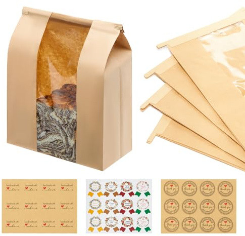 30 Pack Kraft Paper Bread Loaf Bags with Tin Tie Tab Lock, for Homemade Bread Loaf Bags 14 x 8.3 x 3.5, Sourdough Bread Bags with Clear Front Window for Baked Food Storage (30 Pack)