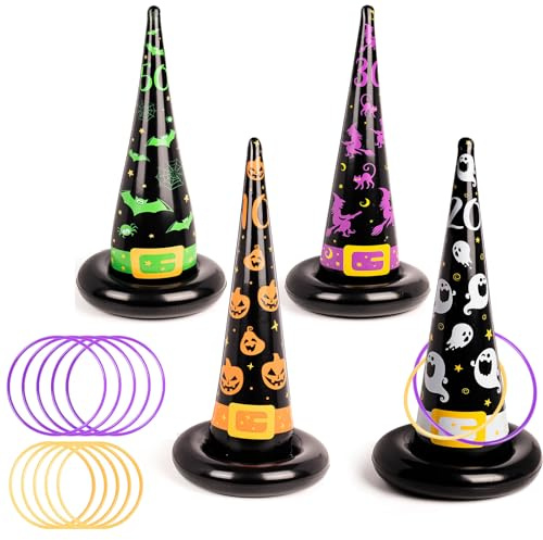 Halloween Ring Toss Game - Party Set With 4 Inflatable Witch Hats and 10 Rings, Target Toss Toy for Kids Adults Family Indoor Outdoor Fun