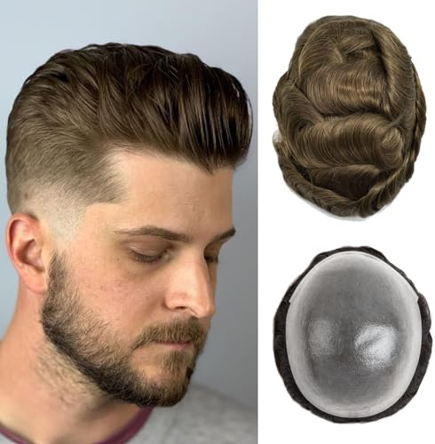 Herren Toupet Haar System für Männer 0,02-0,03mm Ultra-Dünne Haut 100% echtes Echthaar Toupet für Männer Licht 90% mittlere Dichte Haarteil Basisgröße 8x10 Zoll （6#）