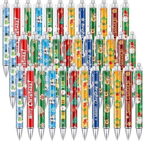 KAHEIGN 48 Pezzi Penna a Sfera Natalizia, 12 Stili Penna a Inchiostro Nero Retrattile 14CM Babbo Natale Renna Pupazzi di Neve Albero Caramelle Penna Roller per Natale Calza Riempitivi Festa Bomboniere