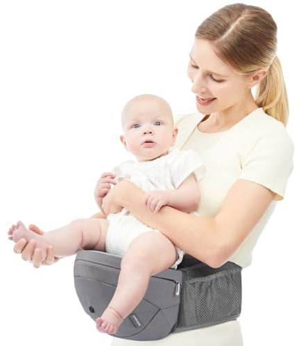 Bebamour Babytrage Hüftsitz 0-36 Monate Leichte 3 in 1 Babytrage Neugeborene bis Kleinkind Hüftsitz (mit Taillenverlängerung, Schaumstoff-Serie, Grau)