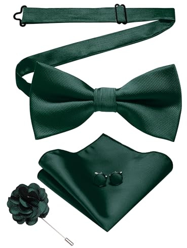 JEMYGINS Noeud papillon en twill uni pour homme avec boutons de manchette Pocket Square et fleurs, ensemble cadeau pour fêtes, affaires et mariages, vert foncé, M