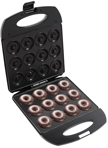12-Loch Donut Maker,1200w Mini-Donuts Kompakt Maschine,Doppelseitige Heizstruktur, Antihaftbeschichtung, 3-5min Geeignet für Bäckereien, Konditoreien, Restaurants, Cafeterias, Cafés,23.5 * 23 * 10cm