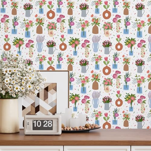 VaryPaper Blumentapete Rosa Modern Kebefolie Muster 44.5cmx200cm Fototapete Blumen Klebefolie Möbel Weiß Matt Möbelfolie Kinder Tapete Kinderzimmer Wohnzimmer Selbstklebende Folie Regal Schrankfolie