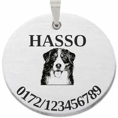 INDIGOS UG - Hundemarke mit Gravur Berner Sennenhund - rund - Wunschtext personalisiert - Edelstahl 40mm - Namensschild Halsband - Dog Tag - Anhänger Marke für Hunde & Welpen
