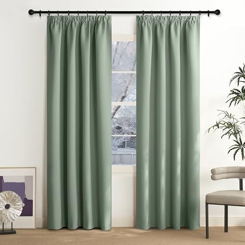 NICETOWN Gardinen Salbeigrün Verdunklungsvorhänge Kräuselband Thermovorhang | H200 x B140 cm, 2er Set, Thermo Vorhang gegen Hitze, Moderne Gardinen für Schienensystem, Verdunkelungsvorhang Kinderzimmer