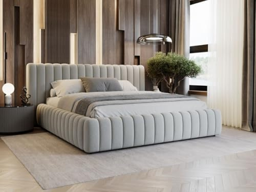 GRAINGOLD Bliss Bett 200x200, Polsterbett mit Bettkasten, Polsterbett mit Stauraum, Samt Stoff, mit Lattenrost, mit Kopfteil, ohne Matratze (Grau, 200x200)