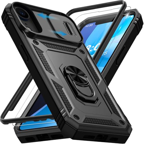 Giyer Handyhülle für iPhone XR Hülle mit Schutzfolie, Panzerhülle Case mit Kameraschutz 360° Metall Ring Ständer Stoßfest Bumper Schutzhülle für iPhone XR Cover Tache (Schwarz)