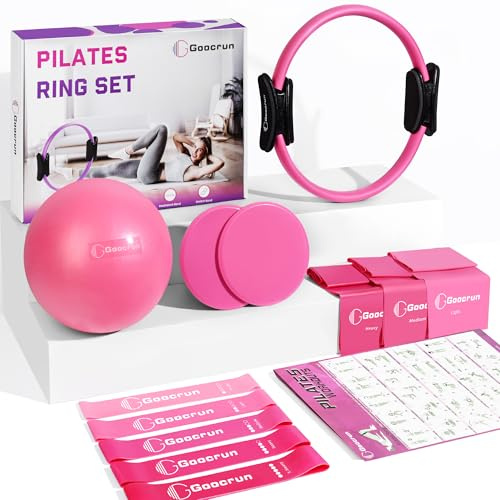 Goocrun Ensemble D'anneaux de Pilates, Salle de Sport Portable à Domicile, Comprend des Bandes de Résistance, Un Ballon de Pilates et Un Disque de Glissement - avec Guide D'exercices