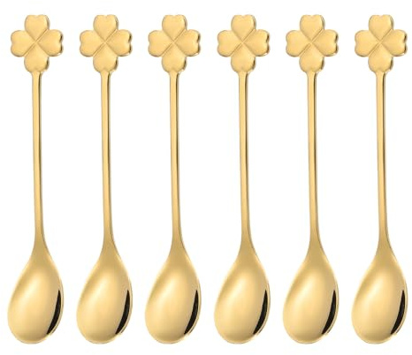 PATIKIL 6 Cucharillas De Café De Cuatro Hojas 304 Acero Inoxidable Cucharitas Pequeñas Adorables Para Remover Espresso Vajilla De Mesa Postres Cubiertos Fiesta Del Té Dorado