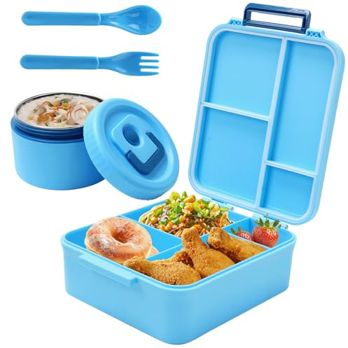 mumisuto Fiambrera Infantil con Termo de Sopa de 300ML,Bento Box Lunch Box con 4 Compartimentos y Cubiertos,Recipientes de Comida a Prueba de Fugas,Lonchera Bento para Microondas y Lavavajillas