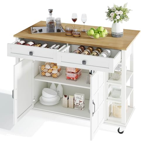 FammyLoft Isola cucina su rotelle, isola cucina multifunzione con piano di lavoro, spaziosa archiviazione, 2 cassetti, carrello da cucina con piano di lavoro pieghevole, per cucina, sala da pranzo