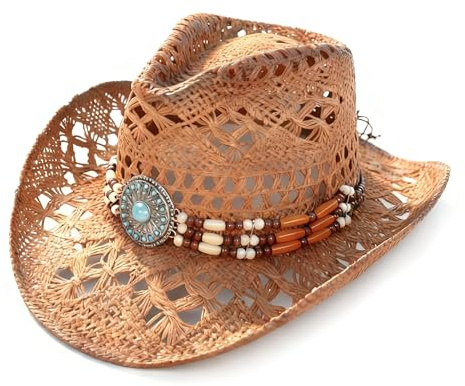 ZHABAYEN Straw Cowboy Hat with Three Decorative Bands, Shapeable Brim Cowboy Hat for Womens, Mens Straw Hat for Party, Beach