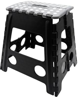 Taburete Plegable Multiusos Portátil | Plástico Ultrarresistente | Soporta 120 kg, Blanco/Gris, Blanco/Rojo, Blanco/Azul, Negro/Gris (Negra-con-Tapa-Gris, 39cm-29cm-22cm)
