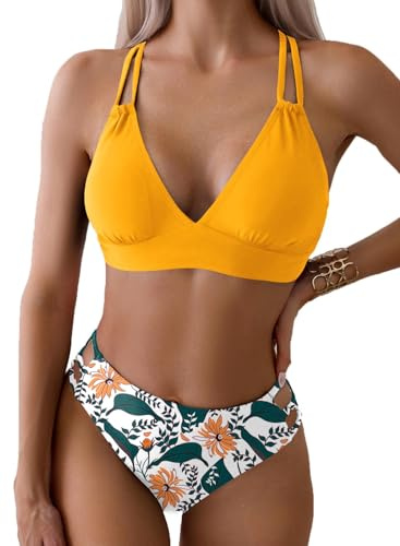 Yutdeng Sexy Curvy Bikini Donna Mare Due Pezzi Top a Triangolo con Doppia Cinghia Costumi Mare Brasiliana Scollo a V Push Up Imbottito e Slip Vita Media per Spiaggia Piscina