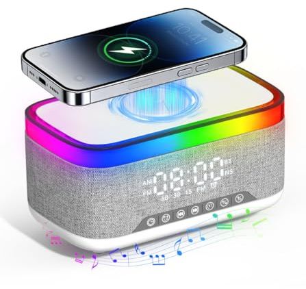Niifawh Bluetooth Speaker with Wireless Charging, Alarm Clock Radio for Bedrooms 6 in 1 Dimmable Digital Clock with FM Radio White Noise Charging Station RGB LED Night Light for iPhone Samsung