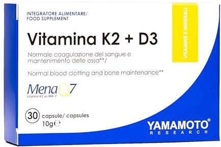 YAMAMOTO RESEARCH, Vitamina K2 e D3 MenaQ7 30 Compresse, Integratore Alimentare con Vitamine ad Alto Dosaggio, Stimolano l'Assorbimento di Calcio e Fosforo, Vegano, Senza Glutine e Senza Lattosio