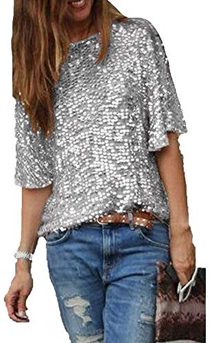 CHOSERL - Blusas con lentejuelas de verano para mujer, con brillo para fiesta, manga corta, plata, M