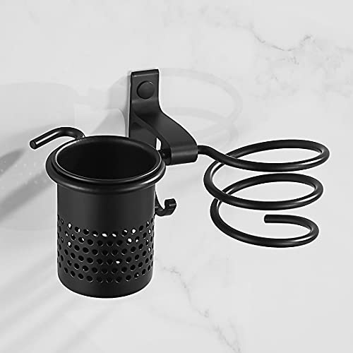 EMKE Haartrocknerhalter Schwarz Fönhalter für Badezimmer mit Haken + Korb Installation mit Bohren oder Selbstklebende für Haarpflegewerkzeuge und Lockenstab Raum Aluminium (1 Stück)