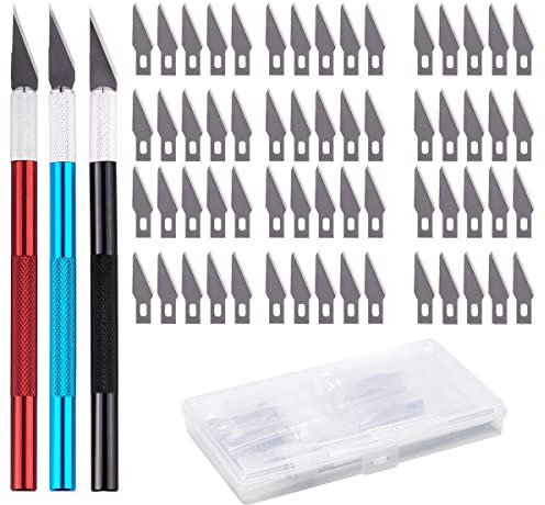 sufe Skalpell Set LAOYE 3 Farben Bastelmesser mit 60 Skalpell Ersatzklingen Edelstahl Hobbymesser Cutter Hopfenmesser für DIY Art Work Cutting, Caving, Skulptur Kunststoffbox