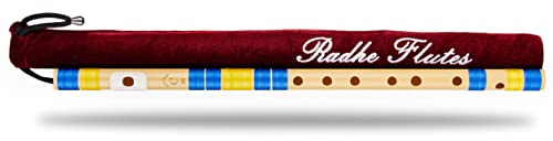 Radhe Flöjter | Högerhänt C Naturlig med sammetsöverdrag | Stämd med Tanpura A = 440 Hz | PVC-fiber | Ljusblå & Gul