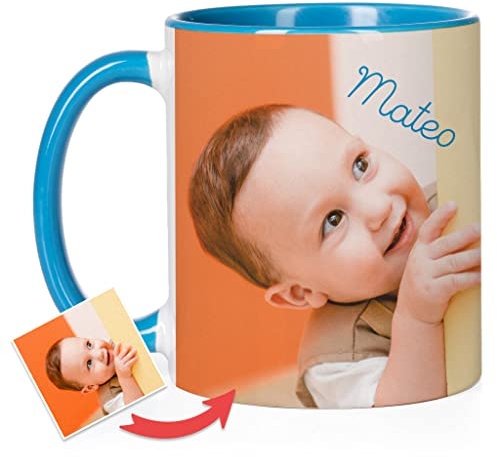 Wanapix | Mug Personnalisée avec Photo et Texte | 325 ml | Tasse à Café Personnalisable | Céramique Mug | Cadeau Original | Va au micro-ondes | Intérieur et Poignée Bleu Ciel