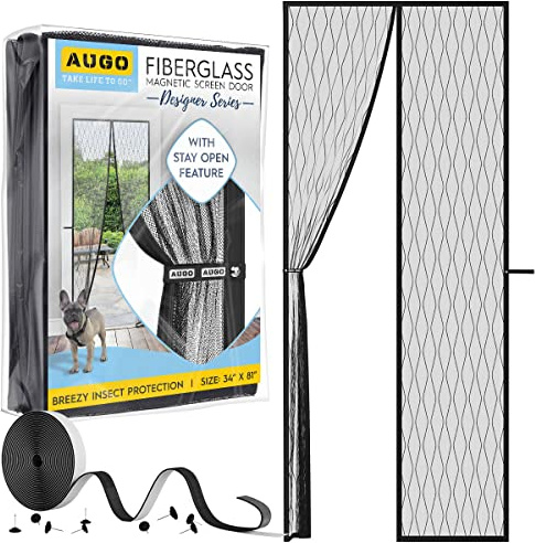 AUGO Magnetic Fiberglass Design Screen Door - Self Sealing, Heavy Duty, Hands Free Mesh Partition Keeps Bugs Out - Door Screen Magnetic Closure - Patent Pending Keep Open Feature - 85 x 205cm