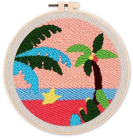 Figured'Art Punch Needle Set für Erwachsene - Stickerei, ideal für Anfänger - Am Strand - 20x20cm mit rundem Rahmen