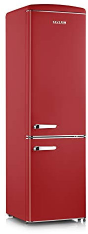 Severin Combinación de frigorífico y congelador retro con aplicaciones cromadas, iluminación LED, 1-7°C, volumen neto 244 L, sólo 39 dB, rojo, RKG 8917