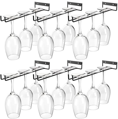 Dicunoy 6 Pack Black Wine Glass Racks, 24 Glasses Metal Under Shelf Wine Glass Holder, Wall Mounted Iron Wine Glass Hanging Rack for Shelf, Kitchen, Bar, Wine Cellar Storage, Organizer, Display