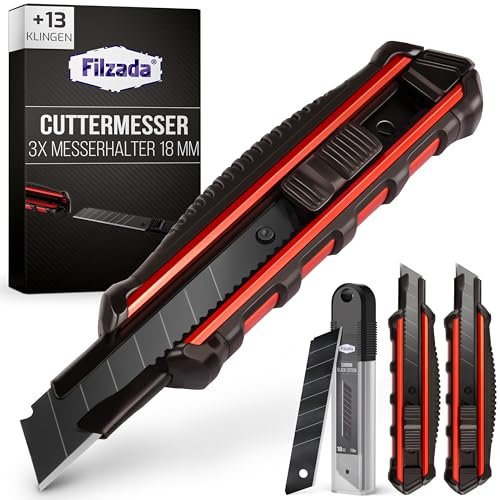 Filzada ® 3x Cuttermesser Profi inkl. 13x Carbonstahl Klingen BLACK - Cuttermesser 18mm - Robustes Teppichmesser Profi - Cutter Messer Set - Kattermesser Metall ULTRASCHARF
