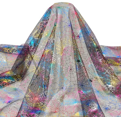 FINGERINSPIRE Tela de telaraña de Halloween de 1,8 m de ancho, telarañas coloridas con purpurina de tul negro para decoración de Halloween, decoración de araña aterradora, proyectos de retazos de