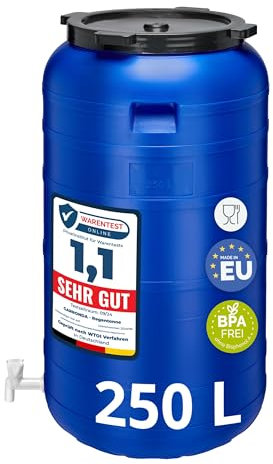 Garronda 250 litros Barril de Boca Ancha BPA-Libre con Grifo, Universal para Alimentos, Barril de Agua de Lluvia con Tapa, Barril para Jardines GD-0092, Azul