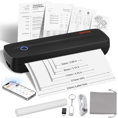 VEVOR Imprimante Thermique Portable sans Fil 203 DPI, Mini Imprimante sans Encre Bluetooth pour Papier Thermique A4, A5 et 216x279 mm, Compatible avec iOS, Android et Ordinateur Portable, pour Voyage