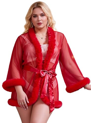 comeondear Bata Sexy Mujer Transparente Kimono de Malla con Ribete de Plumas Sintéticas y Cinturón de Satén, Manga Larga, Lencería Elegante Talla Grande Rojo,XL-XXL