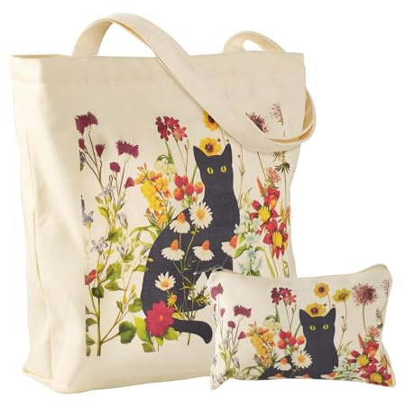 BROADREAM Schwarze Katzen-Canvas-Tragetasche mit Reißverschlusstaschen, Vintage-Stil, ästhetische Tragetasche mit Beutel, Blumenmuster, großes Fassungsvermögen, wiederverwendbar, Einkaufstasche