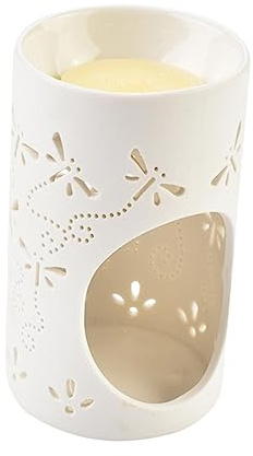 Alipis Quemador De Aceites Esenciales Portavelas De Té De Cerámica Blanca Diseño De Libélula Hueca, Patrón Recortado para Difusión De Fragancia y Luz, Decorativo para Salón y Jardín