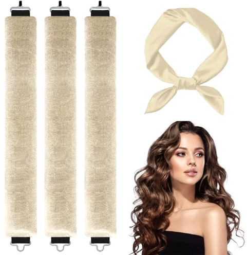 3 rizadores sin calor y rulos para secado nocturno - Varillas para diadema sin calor, ondas de salón para secado nocturno, kit de peinado ajustable de terciopelo (beige)