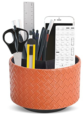 Mtzmy Rund Stiftehalter,Leder,360° drehbar,Fernbedienungshalter, drehbarer Nachttisch, TV-Fernbedienung, Schreibtisch-Organizer für Stifte, Bürobedarf, Aufbewahrungsbox(1-Weave Braun)