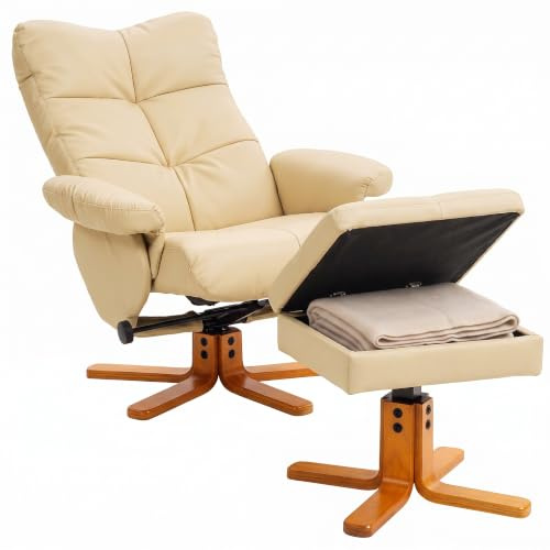 HOMCOM PU Leather Swivel Recliner Chair with Footstool, Wooden Base and Storage for Living Room, Beige