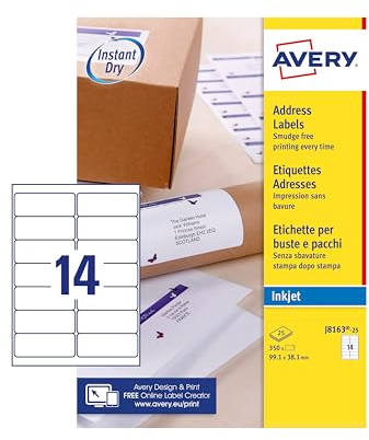 AVERY Zweckform snabbtorkande adressetiketter för bläckstråleskrivare 14 per ark 99,1 x 38,1 mm 350 etiketter vita