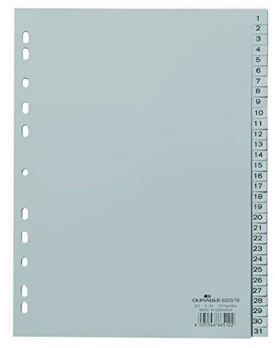 Durable Zahlenregister 1-31 (A4, geprägte Taben, PP volldeckend) 10 Stück, grau, 652310