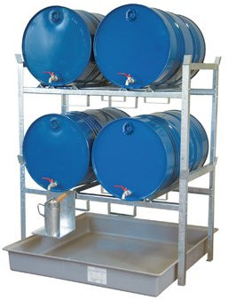 Fassregal, Stahl verzinkt, mit Fassauflage für 4x2 00-l-Fässer, GFK-Auffangwanne 220 l, BxTxH 1410x12