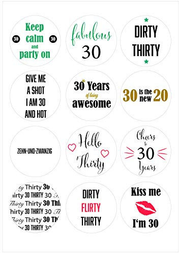 30. Geburtstag Sticker | 12 Aufkleber mit Motiv, 6 cm Durchmesser, 30. Geburtstag - Sticker - Geburtstagssticker - 30. Geburtstag Weiß
