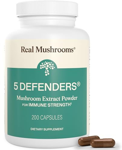 Real Mushrooms 5 Defenders Mushroom Complex – Organic Adaptogenic Mushroom Blend with Chaga, Reishi, Turkey Tail, Maitake & Shiitake for Wellness Support - Mushroom Beta Glucan Capsules - 200 Count