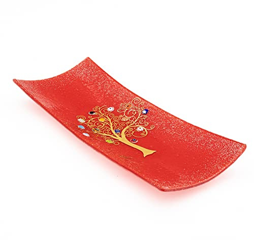 Sospiri Venezia Objekttablett aus Murano-Glas mit Baum des Lebens-Dekoration Murrine und Blattgold handgefertigt Geschenkidee hergestellt in Italien (30 x 13 cm)